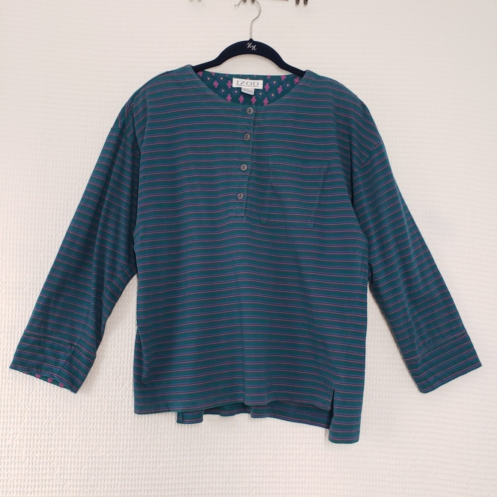 Vintage Izod 3pc Skirt Set XL Teal Pink Cardigan Henley Midi Skirt Stripe Modest - Picture 5 of 16